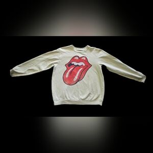 Rolling Stones Sweater Womens Extra Small Beige Crewneck Lips Tongue Logo